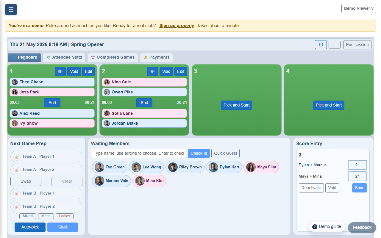 ePegboard dashboard: two games in progress, one game pending score, a prepared game ready to start, and a queue of waiting members.